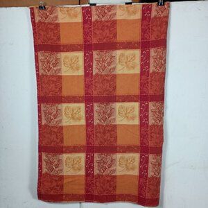Vintage Floral Plaid Cotton Tablecloth Rust Orange Jacquard Weave Leaf Pattern